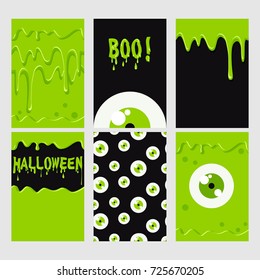 Halloween set. Green  monster, eyes seamless pattern and slime. poster, banner, card, background.