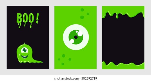 Halloween set. Green monster's eye  and slime. The inscription Boo! on a black background. Poster, banner, card. Vector illustration