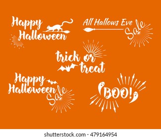 Halloween set of greeting card Calligraphy with sunrays. Sunburst Happy Halloween banner or poster. Vector illustration.