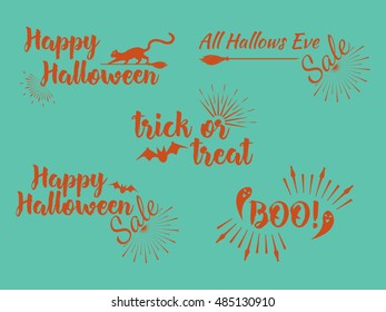 Halloween set of greeting card Calligraphy with sunrays. Sunburst Happy Halloween banner or poster. Vector illustration.