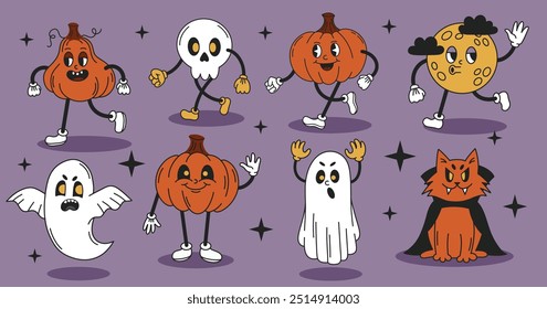Halloween set of groovy elements.Cute scary characters in a retro cartoon style. Vector illustration