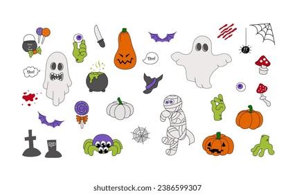 Halloween set with groovy monsters characters in y2k style. Pumpkin, candy, ghost, zombie, spider objects. Cartoon clip art  illustration on isolated background. Vector