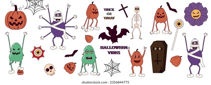 Halloween set Groovy retro sticker. Funky Cartoon Characters and elements. Mummy, slime, jack lantern, coffin, coffin. Happy Halloween. Trendy retro vector illustration in cartoon 70s-80s style.