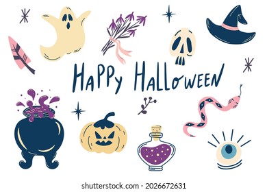 Halloween Set. Hand draw isolated Halloween elements. Pumpkin, ghost, cauldron, potions, hat and magic. Great for Halloween party props, greeting card, logo, stickers. Cartoon Vector illustration. 