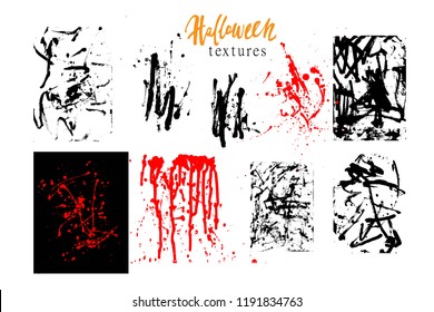 Halloween set of hand drawn backgrounds, textures, grunge dirty design elemnts. Ink splatters, brush strokes.