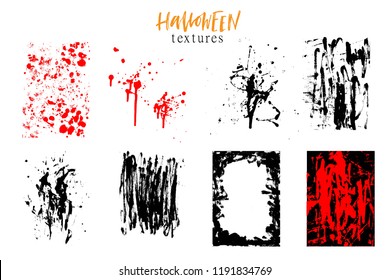 Halloween set of hand drawn backgrounds, textures, grunge dirty design elemnts. Ink splatters, brush strokes.
