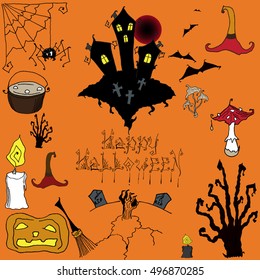 Halloween set of hand drawn cartoon objects. Witch hat, pumpkin Jack. The hand of the grave. Old Castle. Suitable for cards, flyers, brochures, invitations, advertising. Sketch. 