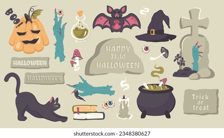 Halloween set with hand drawn cute, spooky, creepy characters and doodle elements. Cartoon pumpkin, ghost, spider, monster, witch's hand, bat, magic book. Autumn holiday of dead. Vector illustration