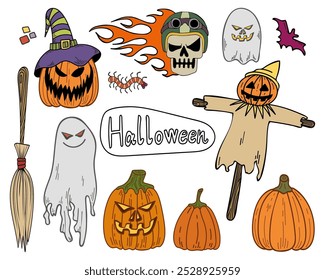 Halloween set hand drawn doodle flat. Scary holiday october. Ghost, soul, bat, pumpkin jack, witch broom, scarecrow, insects. Horror, evil, mystical. Vector color sketch illustration.