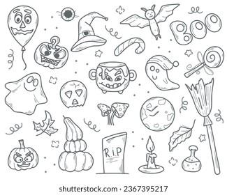 Halloween set of hand drawn elements. Ghost, pumpkin, bat, skull, potion, broom, lollipop ink doodle sketch style. Cute autumn October holiday illustration, vector clip art