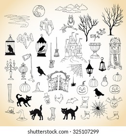 Halloween. Set of  hand drawn elements. Can be used for backgrounds and cards of Halloween decorations. Pumpkin, cat, ghost, hours, castle, moon, autumn. Vector Illustration