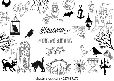 Halloween. Set of  hand drawn elements. Can be used for backgrounds and cards of Halloween decorations. Pumpkin, cat, ghost, hours, castle, moon, autumn. Vector Illustration