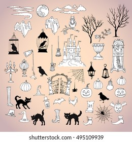 Halloween. Set of  hand drawn elements. Can be used for backgrounds and cards of Halloween decorations. Pumpkin, cat, ghost, hours, castle, moon, autumn. Vector Illustration