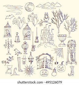 Halloween. Set of  hand drawn elements. Can be used for backgrounds and cards of Halloween decorations. Pumpkin, cat, ghost, hours, castle, moon, autumn. Vector Illustration