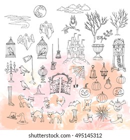 Halloween. Set of  hand drawn elements. Can be used for backgrounds and cards of Halloween decorations. Pumpkin, cat, ghost, hours, castle, moon, autumn. Vector Illustration