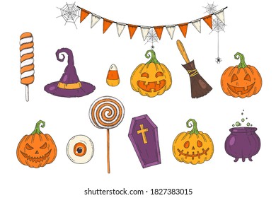 Halloween Set with Hand drawn Pumpkin Jack, witch hat, broom, sweets, candy corn, festive garland with web,candy, lollipops,coffin, pot with potion in sketch style. Happy Halloween.Trick or treat"