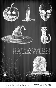  Halloween set. Hand- drawn Halloween related objects  and  animals - pumpkin, candles, skull, hat, cat, spider and tombstone on chalkboard background.