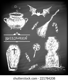  Halloween set. Hand- drawn Halloween related objects  and  animals - pot with boiling potion, flying bat, candies, broom, coffin and tombstone on chalkboard background.