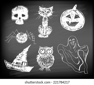  Halloween set. Hand- drawn Halloween related objects  and  animals - skull, cat, pumpkin, hat, ghost, owl and spider on chalkboard background.