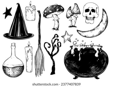 Halloween set of hand drawn vector sketch illustration