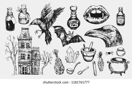 Halloween set with hanted house, raven, potion, bat, vampire mouth. Hand drawn illustration converted to vector