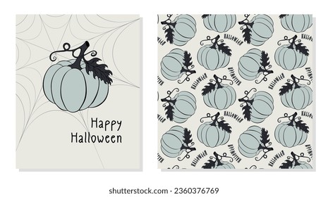 Halloween set Happy Halloween poster with hand drawn pumpkin and pattern with gray pumpkins and lettering.