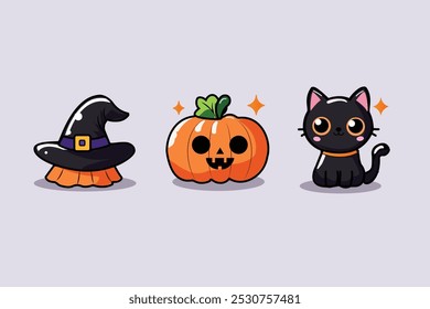 Halloween set. Hat. Cat. Pumpkin