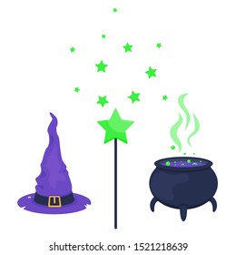 halloween set hat witch pot cauldron simple wand majic miracleisolated on white brew poison