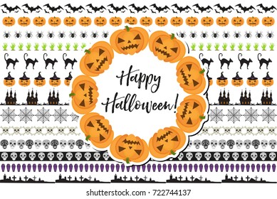 Halloween set of holiday borders decorations. Collection border of elements for your design. Isolated on white background. Vector illustration