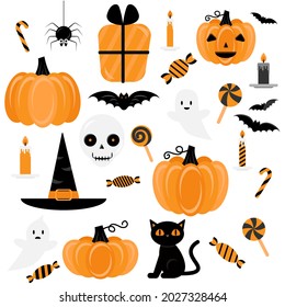 Halloween set, holiday decor elements isolated on white background. Pumpkin, cat, hat, skull, candle, candy, spider, bat, ghost vector illustration.