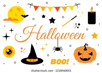 Halloween set. Holiday elements and objects: pumpkin, spider, eye, moon, hat. Vector illustration. Happy Halloween text design.