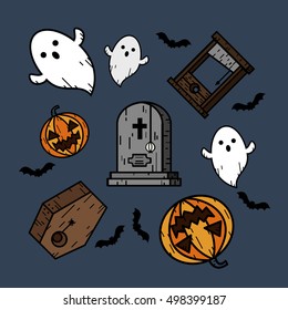 Halloween set with holidays objects isolated on blue background. Pumpkin, ghost, bat, guillotine, grave, coffin for party. Trick or treat. Vector illustration.