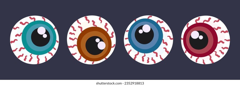 Halloween-Set von menschlichen Augalen. Flacher Cartoon Zombie Augenbälle mit Blutgefäß und bunter Iris. Vektorgrafik einzeln auf dunklem Hintergrund