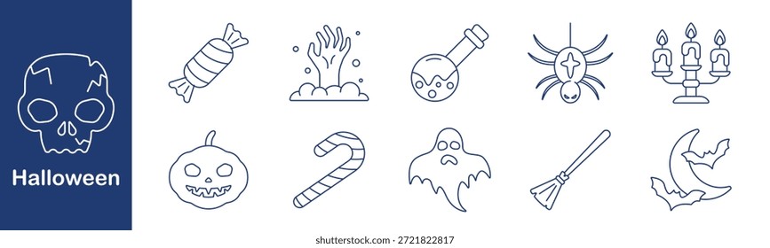 Halloween set icon. Candy, hand, potion, spider, candle, pumpkin, cane, ghost, broom, moon. Spooky, costume, witch, horror, night, trick, treat, party, magic, scare.