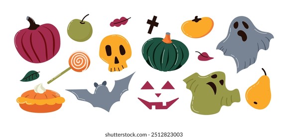 Halloween set icon clipart avatar logotype illustration with pumpkins skull ghost sweets and fruits