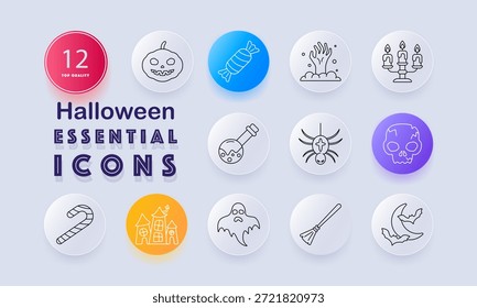 Ícone de conjunto de Halloween. Jack-o'-lanterna, doces, mão zumbi, velas, poção, aranha, crânio, bengala listrada, casa assombrada, fantasma, vassoura, lua com morcegos