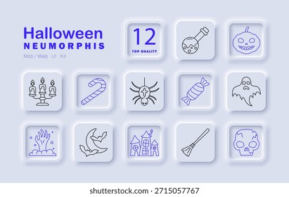 Halloween-Set-Symbol. Kürbis, Süßigkeiten, Geist, Besen, Zombie Hand, spukte Haus, Kerze, Schädel, Fledermaus, Lollipop, Spinne, Mond gruselige Nacht Feier mit Monstern, Angst, Horror, Süßigkeiten, Magie.