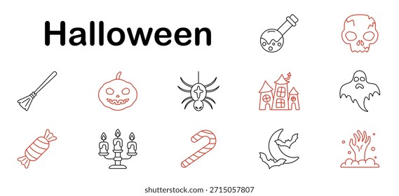 Halloween-Set-Symbol. Kürbis, Geist, Schädel, Besen, Hexe, Fledermaus, Geisterhaus, Spinne, Mond, Zombie Hand, Trank, Candelabra, Bonbons, Urlaub, Horror, Angst, Kostüm, Nacht.