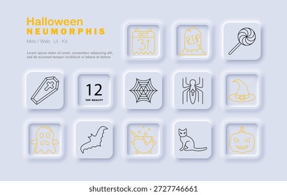 Ícone de conjunto de Halloween. Abóbora, fantasma, morcego, caixão, chapéu de bruxa, aranha, teia, vassoura, gato preto, caldeirão, doce, sepultura