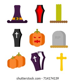 Halloween set icon. Sign for terrible holiday. hat witch and tombstone. Pumpkin and zombies