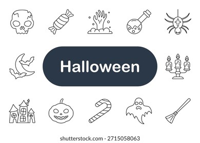 Halloween set icon. Skull, candy, hand, potion, spider, moon, bat, haunted house, pumpkin, ghost, broom, candelabra, magic, fear, mystery, witch, horror, costume, trick, celebration
