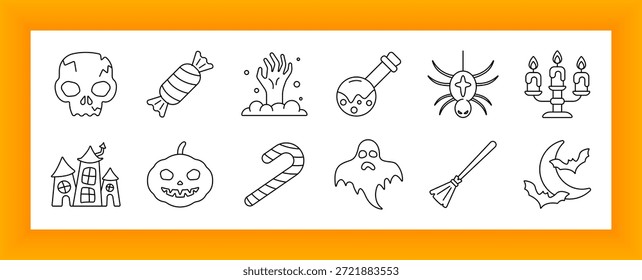 Ícone de conjunto de Halloween. Caveira, doce, mão zumbi, poção, aranha, candelabro, casa assombrada, jack-o'-lanterna, bengala, fantasma, vassoura, lua com morcegos mostrando elementos assustadores e de terror temáticos.
