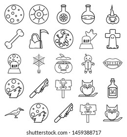 The halloween set of icons - bone, moon and headstone, candle, witch on a broom and moon, witch hat, broom witch
