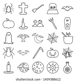The halloween set of icons - coffin, ghost, flask with liquid, moon, tombstone and bats, sign with a skull, grim reaper