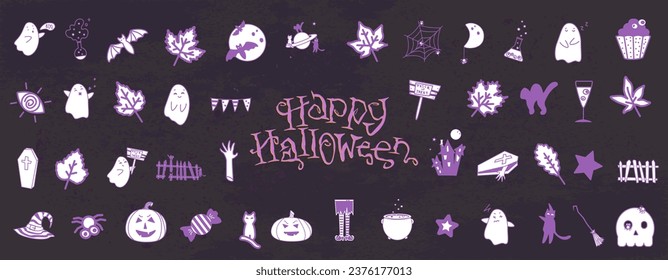 Halloween set icons. Dark purple texture with vector collection of elements. Halloween, 31 October. 