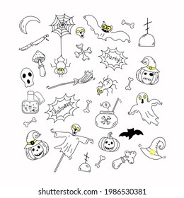 Halloween, set of icons in doodle style. Symbols, icons, attributes of the holiday. Vector drawings. Illustration with isolated background.
