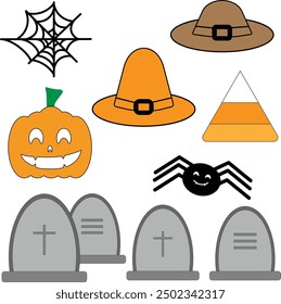 Halloween Set Icons, Graveyard, Pumpkin, Spiderweb, Spider, Hats, Candy Corn, 