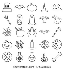 The halloween set of icons - grim reaper, wolf and the moon, ghost over the tombstone, pitchfork, broom witch, bones and skull, spider