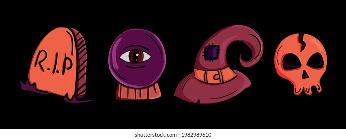 Halloween set of icons in a hand-drawn and cartoon style. Witch hat and magic ball with eye, all dead day concept. Grave and skull image on a black background. Vector graphics
