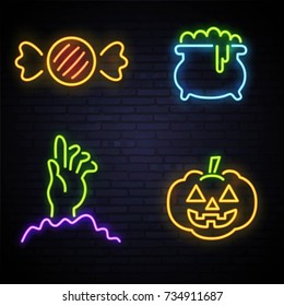 Halloween. Set of icons. Halloween. Neon pattern. Candy, pumpkin, potion, zombie hand. A bright pattern of neon. Vector image